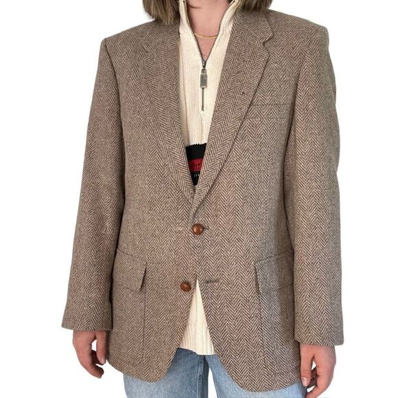 Farah Tan Brown Wool Herringbone Equestrian Preppy Sport Coat Blazer 40R - Picture 6 of 9